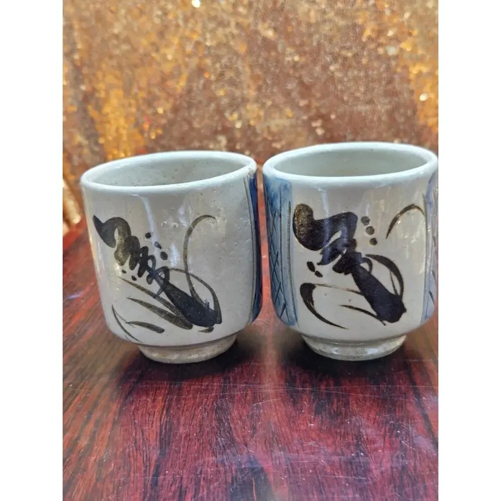Vintage Japanese Banko Ware Tea Cups Set of 2 Signed Yunomi Studio Pottery